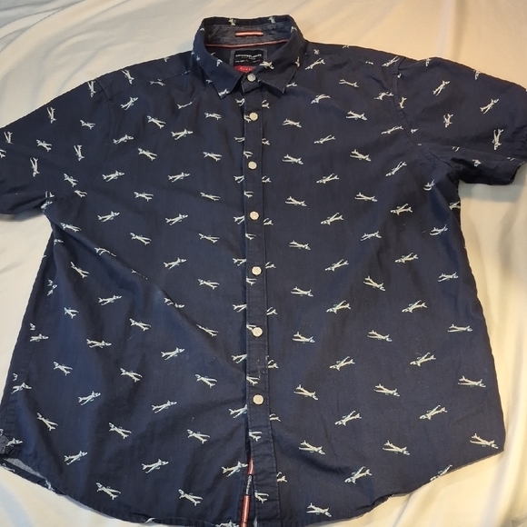 Denim & Flower Short Sleeve XL Airplane Print Blue Casual Button Down Shirt Mens - Picture 3 of 13